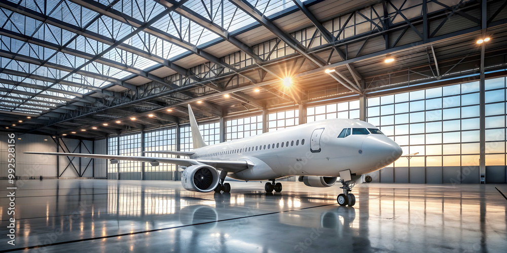 Airplane parked in a hangar inside an airport , aviation, aircraft, travel, transportation, storage, hangar, runway, maintenance Airplane parked in a hangar inside an airport , aviation, aircraft, travel, transportation, storage, hangar, runway, maintenance