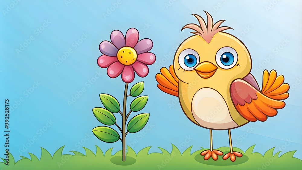 Cartoon bird with a colorful flower , cartoon, bird, flower, cute, animal, character,whimsical, nature, spring, colorful, happy