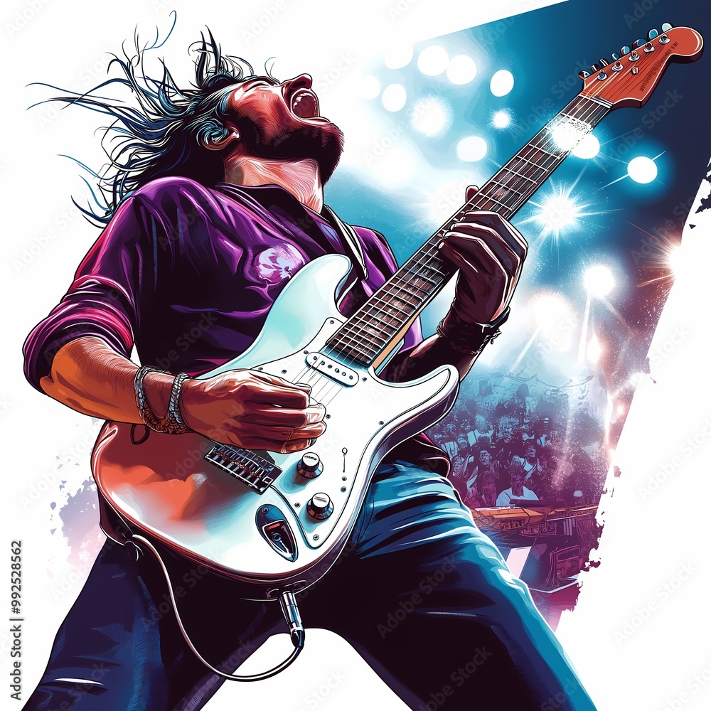Obraz premium A Passionate Guitarist Rocks the Stage, Captivating the Audience with Electric Energy and Soulful Melodies, Under Bright Lights and an Electrifying Atmosphere of Music and Emotion.