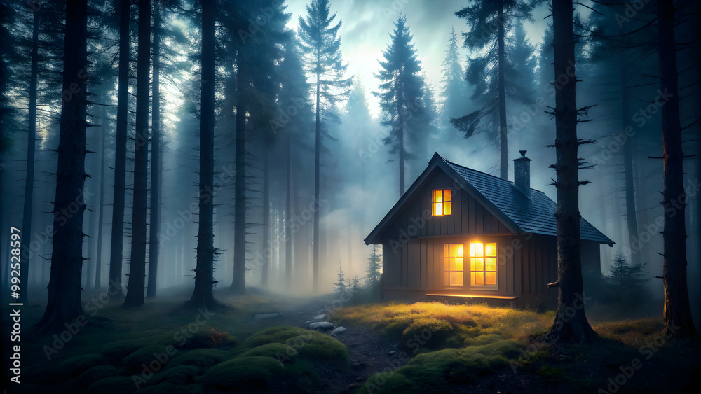 Lonely cabin surrounded by misty woods with illuminated window, creating a dark and creepy atmosphere, Cabin, Woods, Mist, Dark Lonely cabin surrounded by misty woods with illuminated window, creating a dark and creepy atmosphere, Cabin, Woods, Mist, Dark