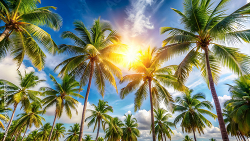 Tropical background with palm trees against a bright sky , palm trees, tropical, background, exotic, landscape, vacation