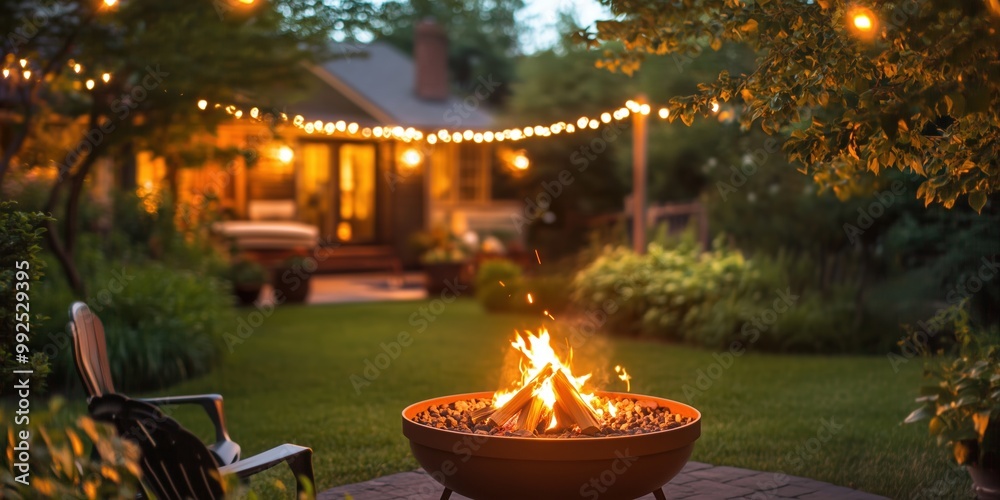 A tranquil evening scene with a fire pit crackling in a well-maintained garden, framed by soft string lights. A tranquil evening scene with a fire pit crackling in a well-maintained garden, framed by soft string lights.