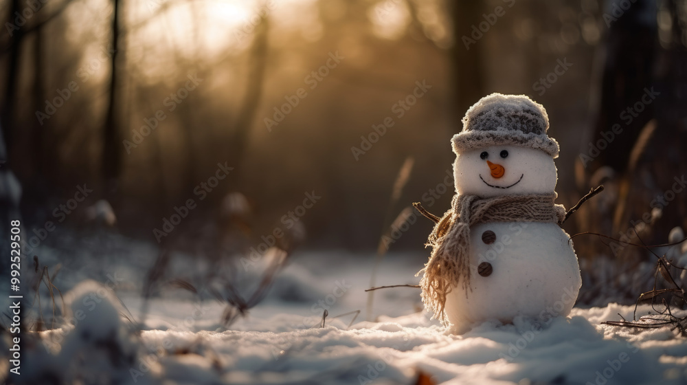 Obraz premium Snowman In A Winter Forest At Sunset