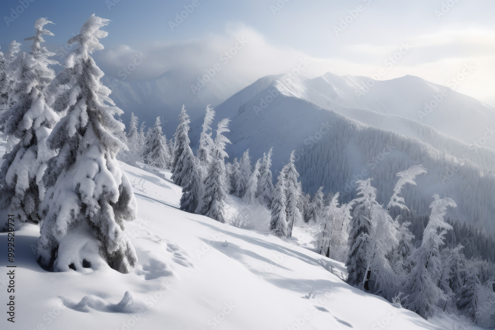 Fototapeta premium Snow Covered Fir Trees On Mountain Slope In Winter Landscape