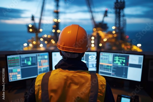 Worker monitoring offshore oil rig operations photo