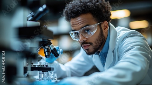 Scientist examining samples under a microscope in a lab setting.