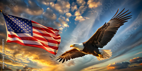 Majestic bald eagle soaring through sky with American flag, eagle, majestic, soaring, sky, American flag, patriotic, symbol photo