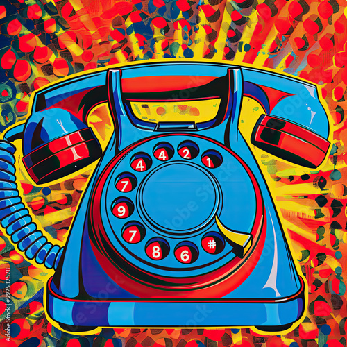 A vivid depiction of a rotary phone in red and blue, with an exaggerated dial set against comic bursts.