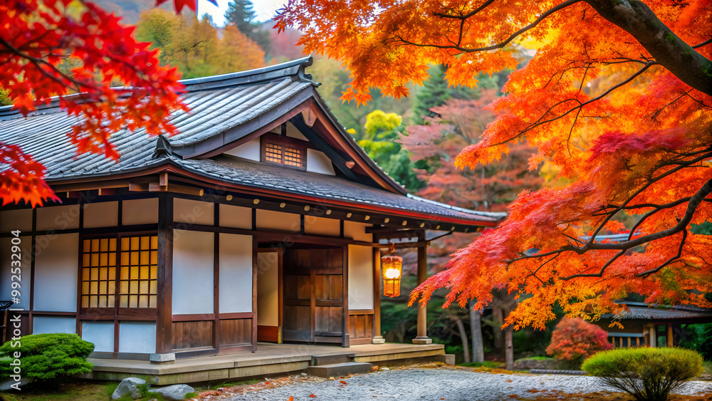 Traditional Japanese house surrounded by vibrant maple leaves in autumn , Japan, architecture, wooden, Japanese culture Traditional Japanese house surrounded by vibrant maple leaves in autumn , Japan, architecture, wooden, Japanese culture