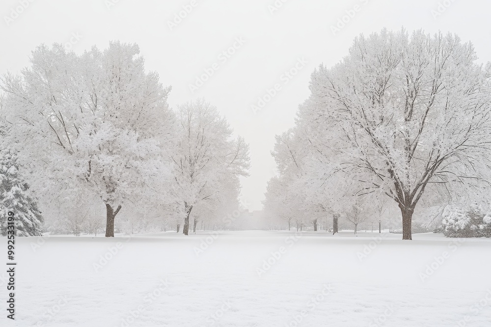 Fototapeta premium Snow-Covered Park with Trees Against White Sky, Hyper-Realistic Wide Shot