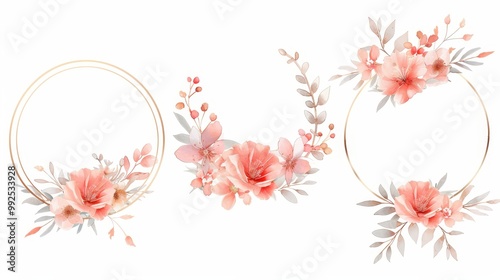 Elegant gold-framed floral wreaths, intricate watercolor blossoms, beautifully arranged compositions, vibrant geometric patterns, ideal for decorative purposes and artistic projects.