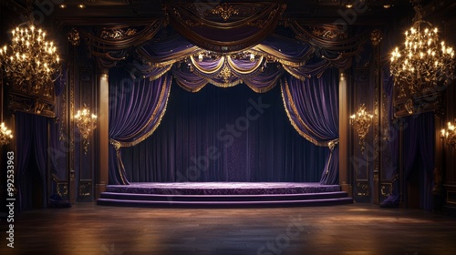 A Victorian-style stage with velvet-covered platforms and dimmed chandelier lighting, The backdrop includes heavy purple curtains with ornate tassels photo