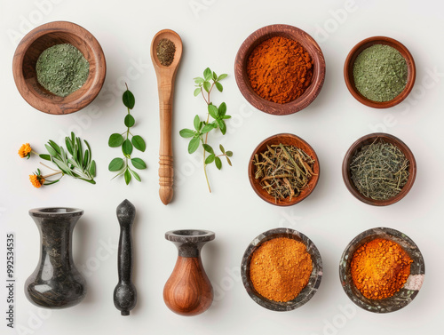 Flat lay with selection of herbs, spices, and tools, representing the educational journey of natural remedy preparation and traditional healing.