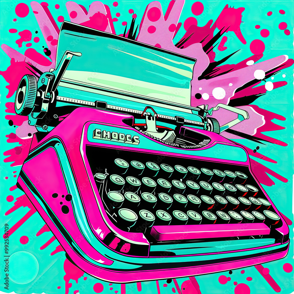 A dynamic side view of a classic typewriter, highlighted by bold lighting and surrounded by vibrant halftone dots.