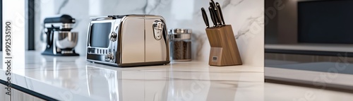 Modern Kitchen Countertop with Toaster, Knife Block, and Mixer in Contemporary Home