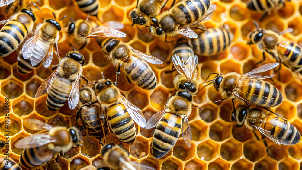Close-up of bees on honeycomb with space for text , bees, honeycomb, close-up, insects, nature, beeswax, hive, pollination, yellow Close-up of bees on honeycomb with space for text , bees, honeycomb, close-up, insects, nature, beeswax, hive, pollination, yellow