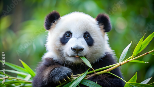 Baby panda having lunch with a menu of bamboo leaves , baby panda, lunch, menu, bamboo leaves, eating photo