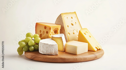 An assortment of various cheeses displayed on a wooden board alongside fresh green grapes, ideal for charcuterie boards or gourmet food photography.