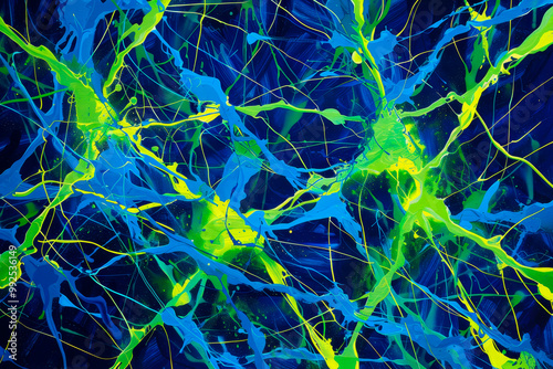 abstract composition features chaotic splashes of neon green and electric blue against a dark backdrop, evoking a sense of energy and movement