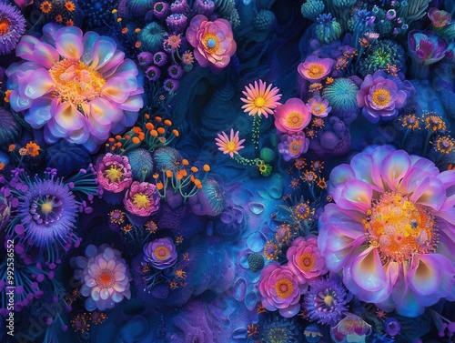 Psychedelic garden from above glowing flowers vibrant colors shifting patterns dreamlike landscape,