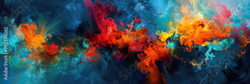 Vibrant abstract artwork featuring blend of colors including orange, blue, and red, creating dynamic and energetic composition. smooth gradients and swirling patterns evoke sense of movement and