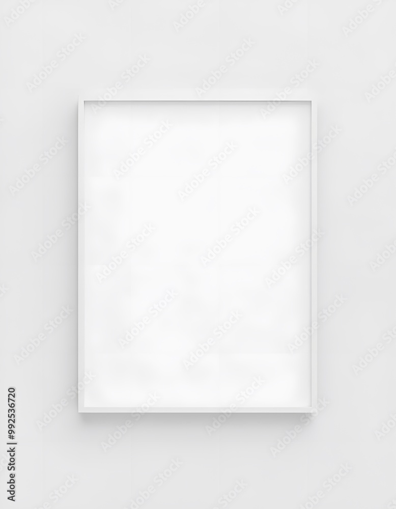 Minimalist picture of a white frame hanging on a white wall showing nothing Minimalist picture of a white frame hanging on a white wall showing nothing