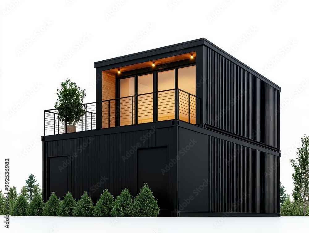 Fototapeta premium Minimalist container home with a rooftop terrace and simple outdoor lighting, rooftop living, elevated space