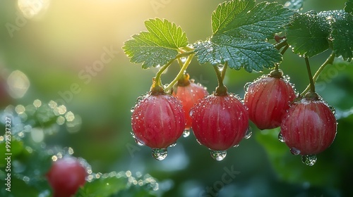 Cluster of gooseberries nestled among dewy morning leaves in a misty forest with soft sunlight filtering through the trees creating a serene and magical atmosphere Scientific name Ribes uvacrispa photo