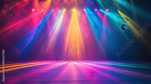 Vibrant Stage Lights with Colorful Beams and Smoke at a Concert or Event Venue