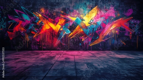 Dark graffiti wall with glowing accents, muted background with splashes of vibrant neon colors