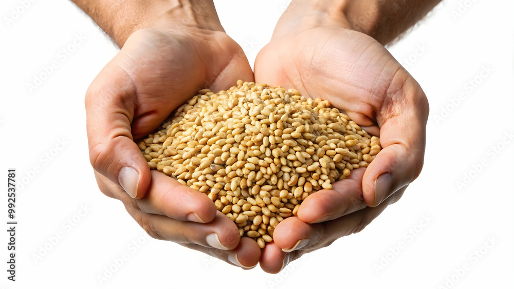 Hands holding a pile of grains in their palms, isolated on white, grains, hands, fingers, palms, holding, white background Hands holding a pile of grains in their palms, isolated on white, grains, hands, fingers, palms, holding, white background