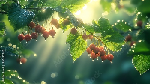 Cluster of gooseberries nestled among dewy morning leaves in a misty forest with soft sunlight filtering through the trees creating a serene and magical atmosphere Scientific name Ribes uvacrispa photo