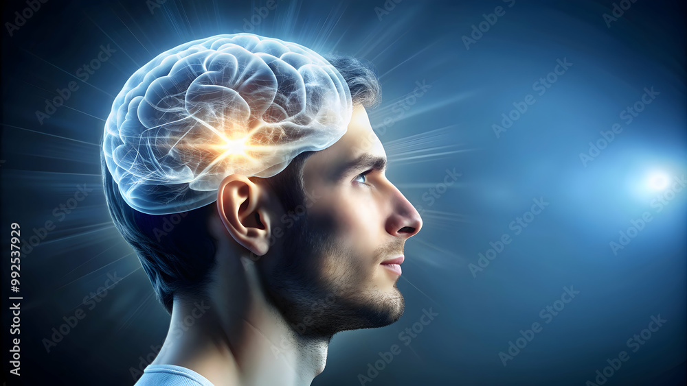 Side view of white man with glowing brain, banner design with copy space, brain, intelligence, creativity, innovation Side view of white man with glowing brain, banner design with copy space, brain, intelligence, creativity, innovation