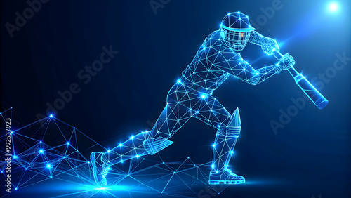 Cricket player in action made of polygon neon network on dark blue background, polygon, AI, neon, network photo