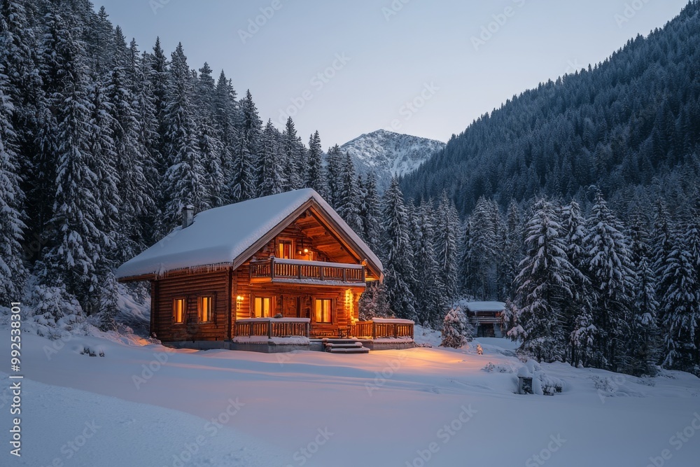 Snowy Wooden House with Warm Light and Frosty Pine Trees, Peaceful Winter Scene Snowy Wooden House with Warm Light and Frosty Pine Trees, Peaceful Winter Scene
