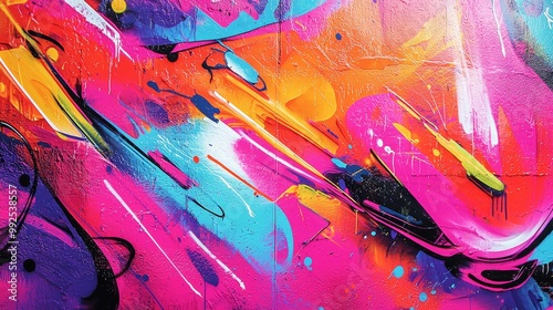 Energetic graffiti wall with layers of abstract street art, bold splashes of neon colors photo