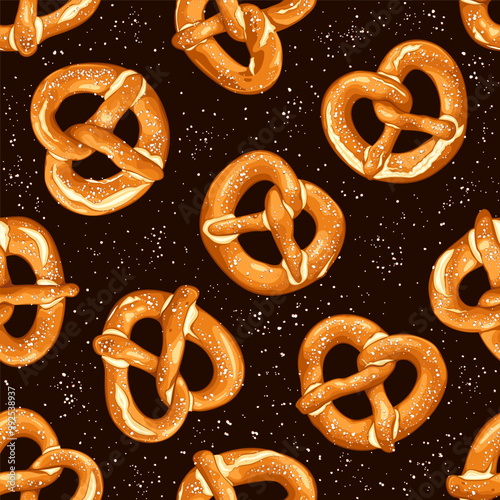 A vector seamless pattern featuring traditional german pretzels on a dark background, perfect for festive designs and Oktoberfest celebrations