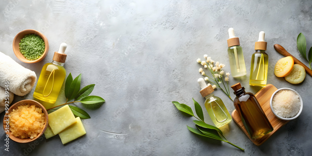 Skin care oil, natural cosmetics, and spa treatments showcased on a sleek gray background, beauty, skincare Skin care oil, natural cosmetics, and spa treatments showcased on a sleek gray background, beauty, skincare