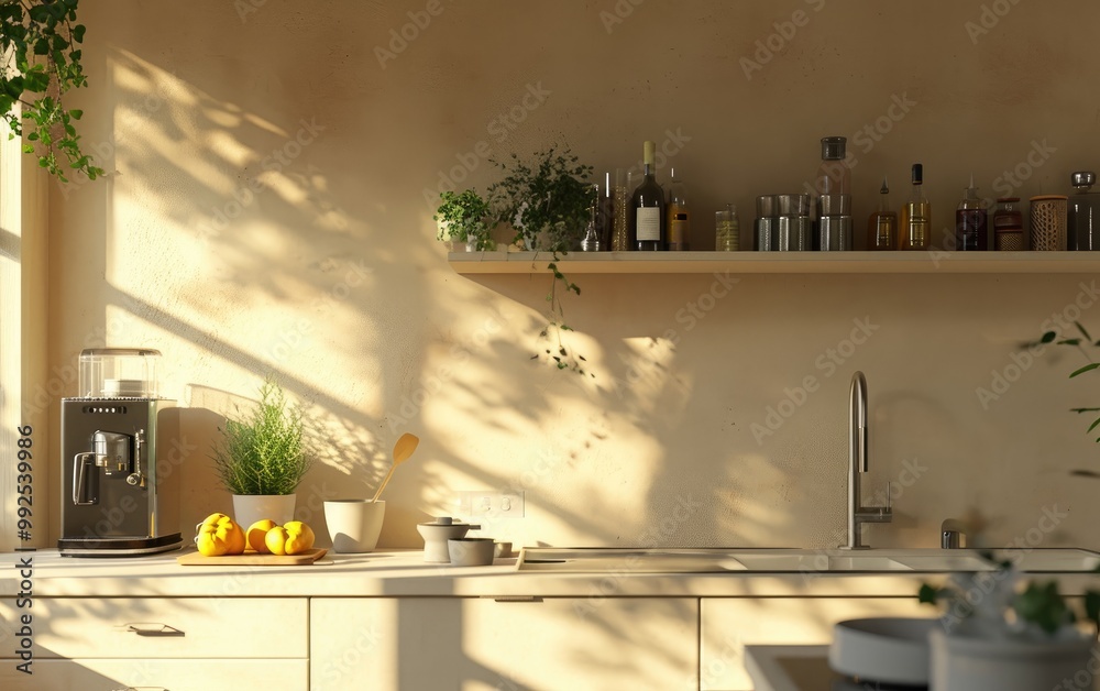 The kitchen interior has a beige countertop cabinet with a sink and wooden shelf. Cozy and functional cooking area