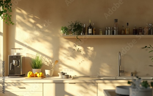 Obraz na płótnie The kitchen interior has a beige countertop cabinet with a sink and wooden shelf. Cozy and functional cooking area w salonie