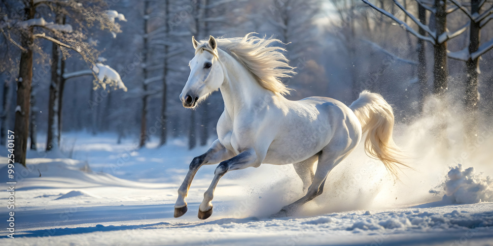 Fototapeta premium Detailed of a white horse running in the snow with winter forest background, white, horse, snow, running, winter, forest, nature