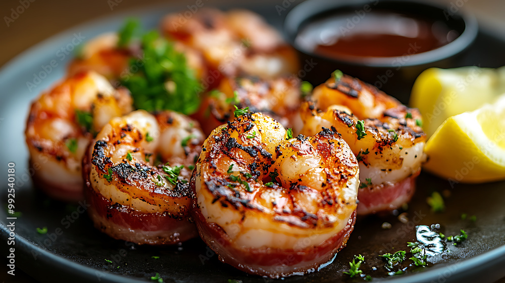 Grilled bacon-wrapped shrimp served with lemon wedges and dipping sauce Grilled bacon-wrapped shrimp served with lemon wedges and dipping sauce