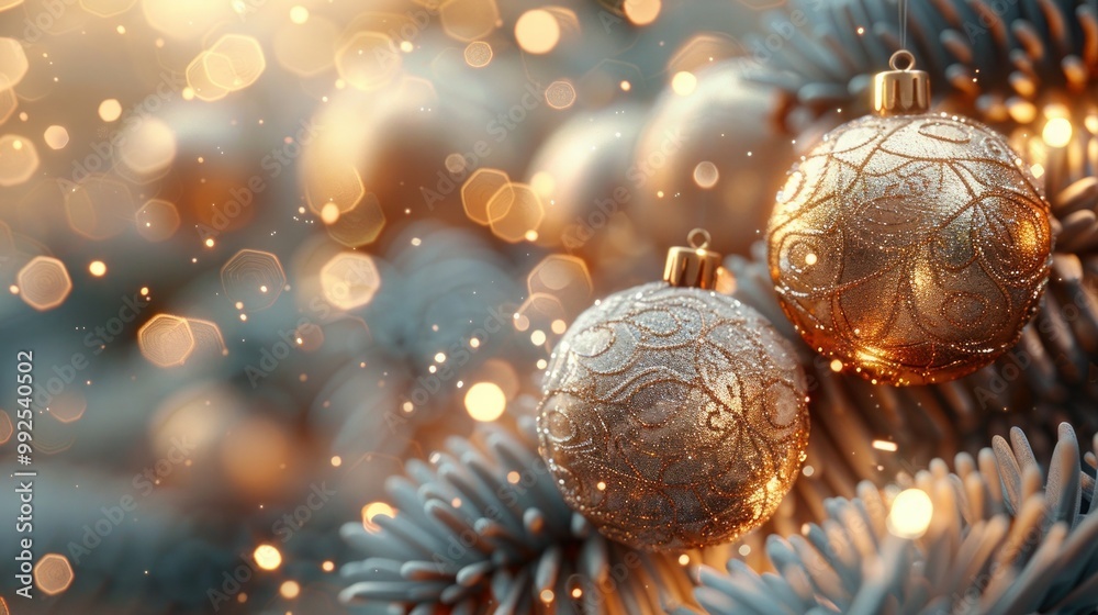 Golden New Year Banner with Realistic White and Gold Decorations Golden New Year Banner with Realistic White and Gold Decorations