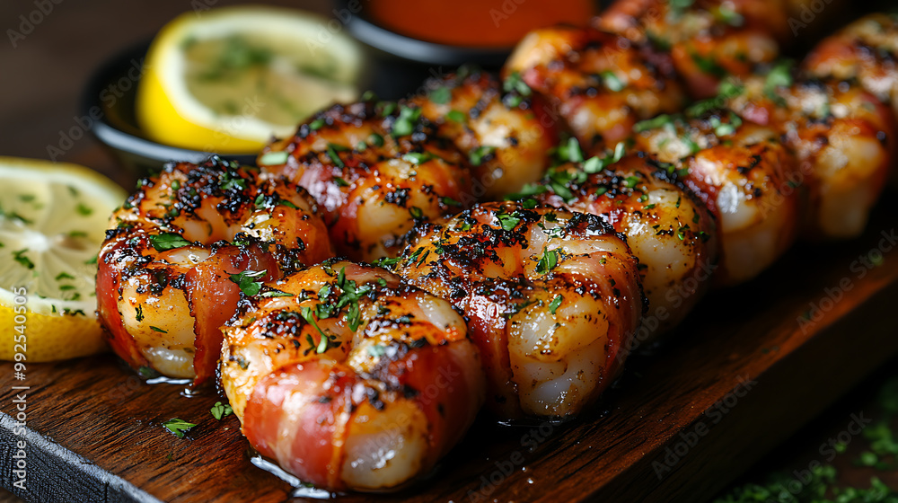 Grilled bacon-wrapped shrimp served with lemon wedges and dipping sauce Grilled bacon-wrapped shrimp served with lemon wedges and dipping sauce