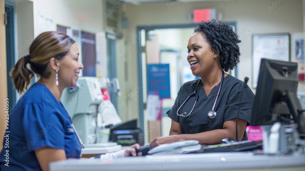 Nurses collaborating at a nurse station, discussing patient care. Nurses collaborating at a nurse station, discussing patient care.