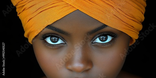 A close-up portrait of a woman with a deep gaze, her eyes captivating against a dark backdrop, accented by a vibrant orange head covering. photo