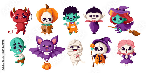 Cute Halloween monsters characters flat color vector icon set. Childish scary creatures at party illustration pack on white background