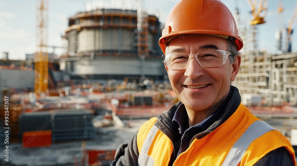 Confident site manager in his 40s smiling at camera, standing in front of a nuclear plant under construction, dressed in safety clothing. Industrial development, construction site, and nuclear energy Confident site manager in his 40s smiling at camera, standing in front of a nuclear plant under construction, dressed in safety clothing. Industrial development, construction site, and nuclear energy
