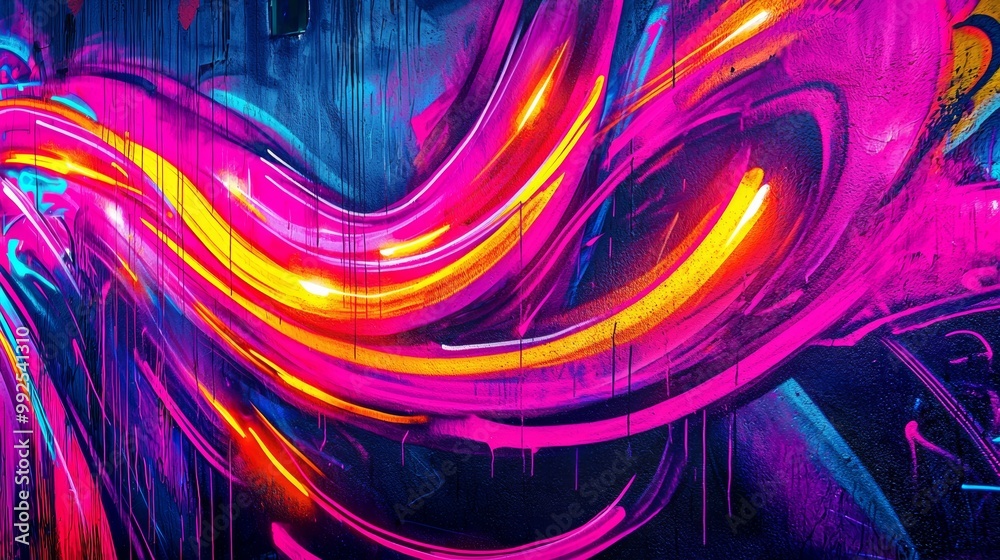 Naklejka premium Graffiti wall with glowing light trails, dynamic street art patterns with bright neon lines