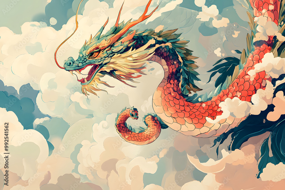 雲の中を飛ぶ中国風の伝説の龍、青竜 Stock Illustration | Adobe Stock